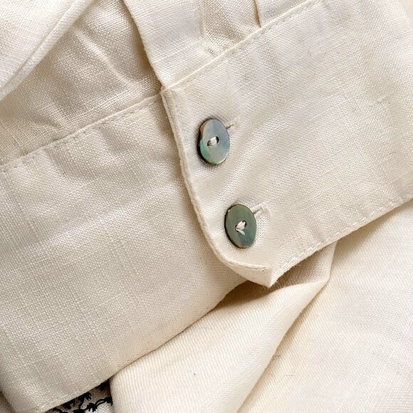 White Linen Button-Up Shirt With Black Floral Embroidery & Beaded Design - Picture 14 of 15